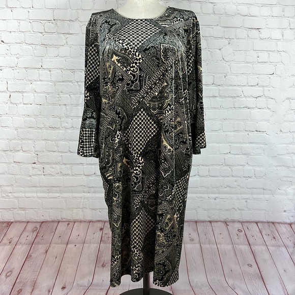 Serengeti Dresses & Skirts - Serengeti Black Tan Paisley Plaid Bell Sleeve Sheath Midi Dress Size 3X